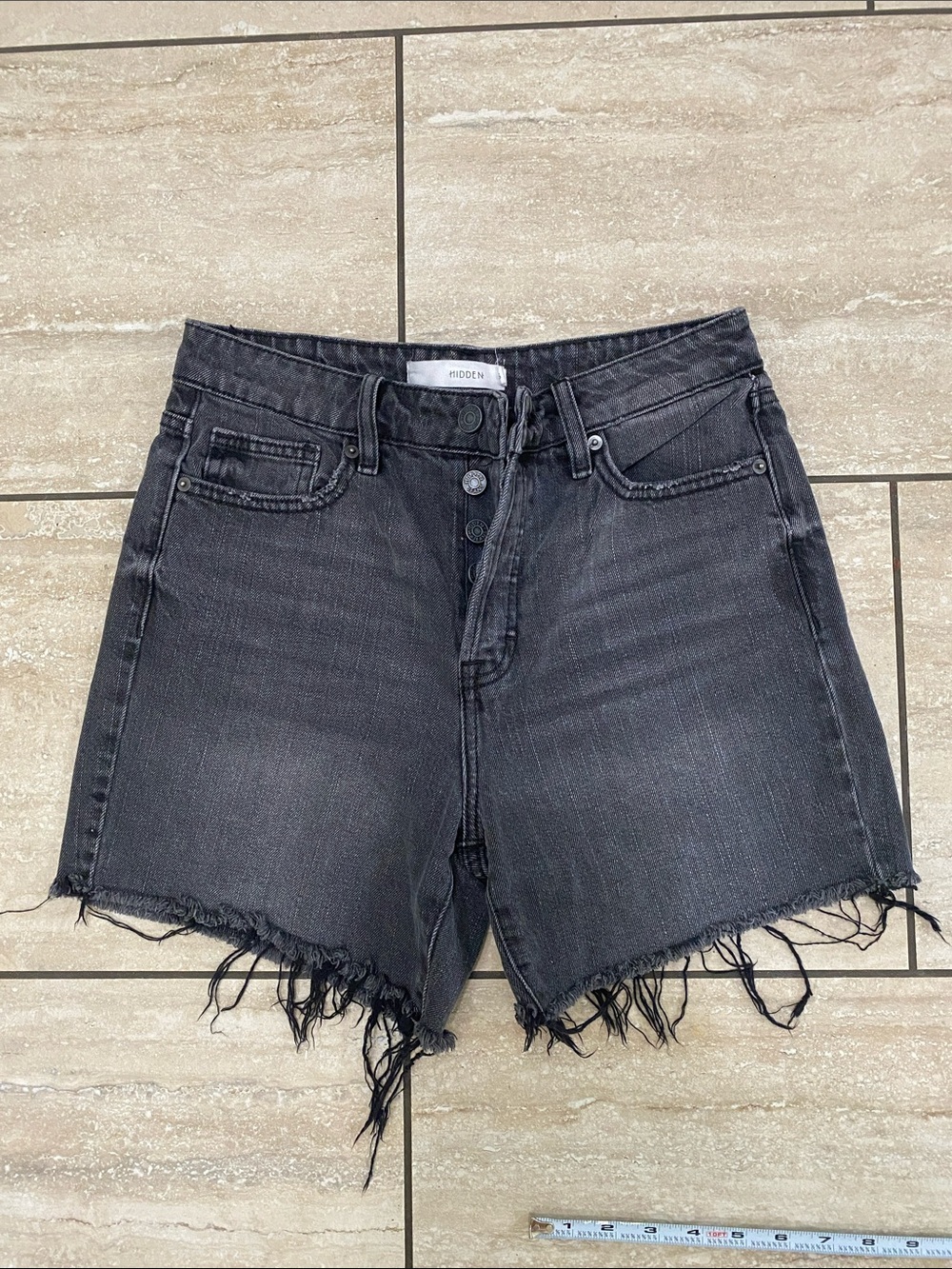 High-Rise Black Frayed Hem Denim Shorts - Hidden